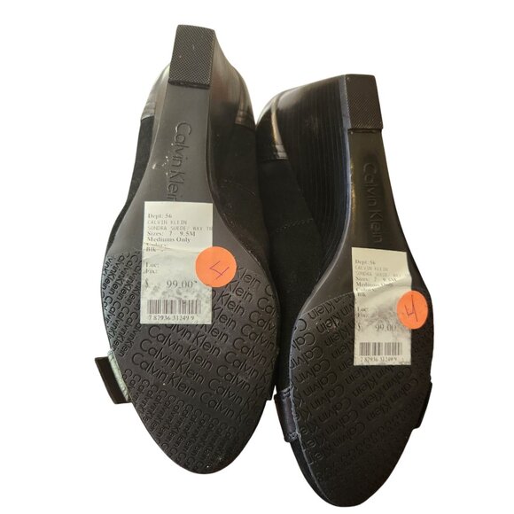 Calvin Klein SONDRA Black Suede & Leather Wedge Pumps Size 7.5 Buckle Detail - Picture 9 of 10